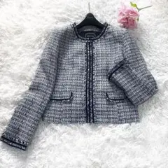 美品✨anyFAM ノーカラーツイードジャケット ブラック ホワイト 2