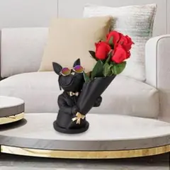【在庫一掃セール！】フレンチブルドッグ 置物 フレブル インテリア 花立 造花