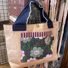 デニムハンドルの花柄米袋バッグ