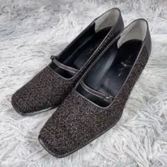 美品Ginza Kanematsuツイードパンプスストラップ スクエアトゥ 24