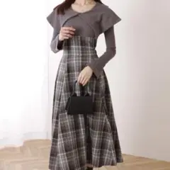Lace Ladies ビッグカラー チェック柄 ドッキング ロング ワンピース