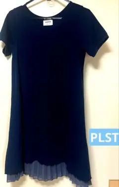PLST/ネイビー 半袖 ひざ丈ワンピース 別布裾プリーツ付き✳︎最終セール中