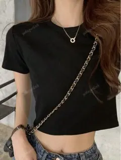 新品　ブラック クロップド　リブTシャツ　L