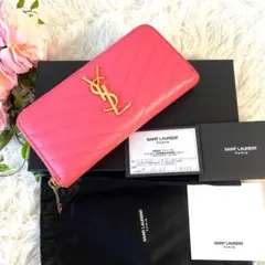★美品★ イヴ・サンローラン ラウンドファスナー 長財布 Vステッチ ピンク