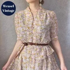 ヴィンテージ レトロ古着 ペプラム風小花柄シフォンワンピース 半袖