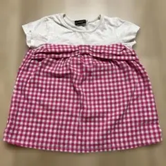 110サイズ ホワイト ピンクチェック チュニック　Tシャツ　リボン　BeBe