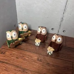 ＜アンティーク＞フクロウ音楽隊　陶器置物 4点セット