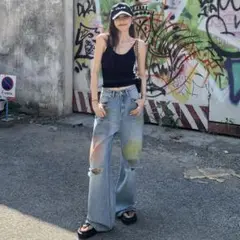 ゆったりデニム✭ダメージペイントパンツ★春夏コーデに最適❤️お