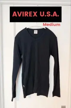 アヴィレックス/AVIREX 無地 リブ素材 Vネック長袖Tシャツ【M】黒メンズ