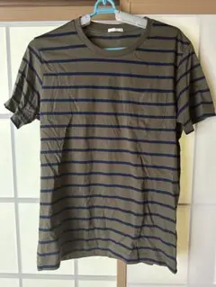 GU カーキ/ネイビー ストライプ Tシャツ M