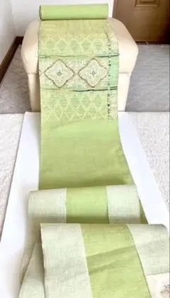 未使用長期保存 紬名古屋帯 反物 じゅらく 爽やかな翠 萌葱色 単衣にも袷にも可