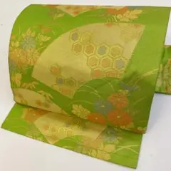 【春】14409o 着物 九寸名古屋帯 金糸 地紙に亀甲紋様