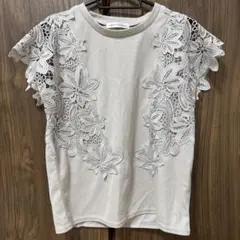 &.NOSTALGIA レース装飾 半袖Tシャツ ブラウンベージュ