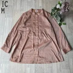 【IC】リネン　ピンタックレース　バンドカラー光沢ブラウス長袖　大人カジュアルM