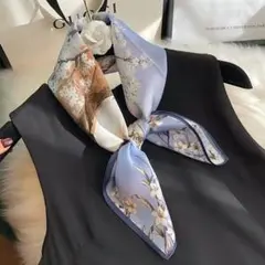 大活躍♡　レディース　スカーフ　ストール　花　ブルー　サテン　シンプル