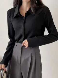 極美品ブラック長袖リブニットポロシャツ
