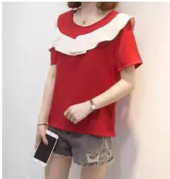 【即納　新品　赤】大きいサイズ レディース 春 夏 トップス　フリル 半袖