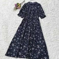 トルテ　花柄　レース　リボン付き　ロングワンピース　マキシ丈　ネイビー　F