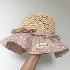 麦わら帽子 ピンク　フリル　花柄　バースデイ　48