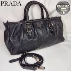 【美品⭐️】プラダ 2way ハンドバッグ ベルト金具 ディアスキン レザー 黒