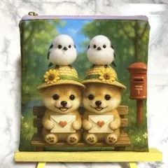 2646✨シマエナガと柴ちゃん✨フラット　ぺたんこポーチ　両面　ハンドメイド