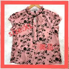♡美品♡新品♡花柄リボン付き半袖ブラウス ピンク フラワー柄 XL