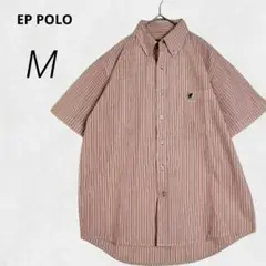 c2045【PORO】半袖 コットン　シャツ M 赤白 ストライプ ボタンダウン