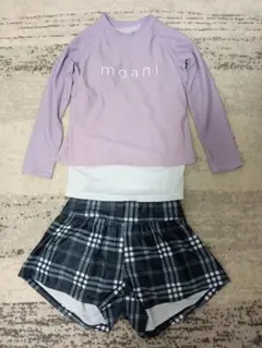 ラッシュガードとショートパンツ2点セット　140　チェック　紫