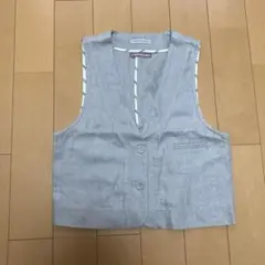 美品　ヒューマンウーマン　麻100%のシンプルなベスト　グレージュ　M
