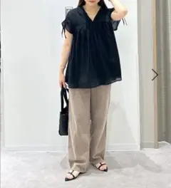 新品　GLOBAL WORK エアリーリラックスギャザーブラウス　ブラック　L
