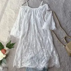 美品(L)七分袖チュニック/レース/長袖/レイヤード/白/薄手/肌見せ