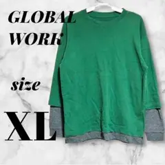 GLOBAL WORK フェイクレイヤード　グリーン Xグレー　XL カットソー