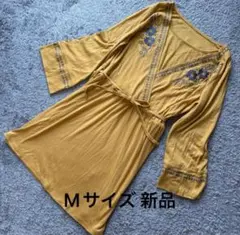 リボンベルト付花柄刺繍重ね着風チュニックマスタードM新品