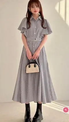 GRL ベルト付きストライプ柄フリルスリーブシャツワンピース