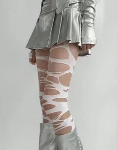あみあみタイツ　白　未使用品　デザインタイツ　ダメージタイツ