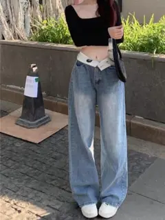 折り返しデザイン✭デニムロングパンツ✭普段着&女子会◎お洒落に変化