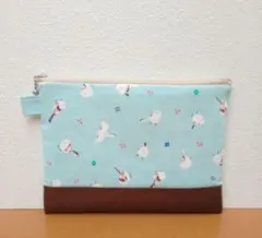 シマエナガ　花柄　ポーチ　ハンドメイド　パステルブルー