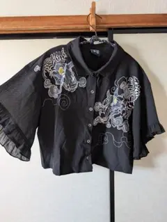 黒 スカル刺繍 半袖シャツ　古怪舎
