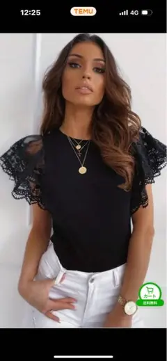 タイムセールお値下げレースフリル黒Tシャツ