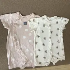 ロンパース2点セット ピンク　ドット　ベージュ　クマ　60 70 半袖　夏