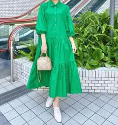 ZARA コットンティアードワンピース　緑　グリーンワンピース