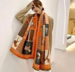 【新品】 ストール ショール ブランケット 膝掛け 大判 オレンジ グレー