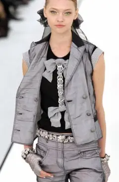 CHANEL シャネル チェーン付き ボーダーリボン ワンピース ブラック 40