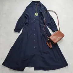 極美品　シップス　バンドカラーサイドプリーツワンピース　ネイビー　濃紺　S