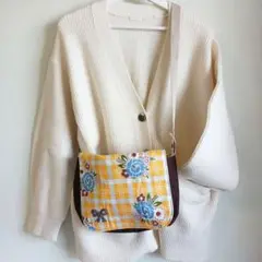 ハンドメイド 花柄チェック ポシェット ショルダーバッグ