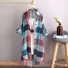 チェック柄　七部袖　シャツ