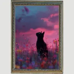 Ｐ1048 癒しの猫「星の導き　夕焼けの花園」