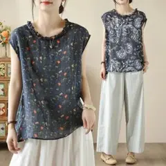 【新品】着心地いい 柔らかくて ボタン プリント ブラウス 袖なし 涼しい