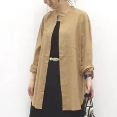 GU　リネンブレンドバンドカラーシャツ　長袖　ベージュ　着痩せ　オーバーサイズ