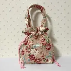 ミニ巾着トートバッグ　薔薇柄　ピンク　ハンドメイド